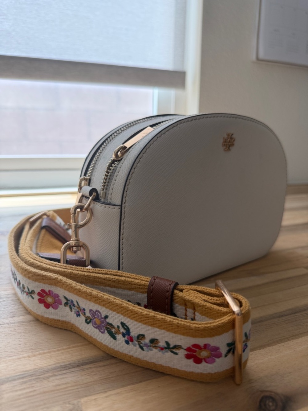 Tory Burch Light Gray Crossbody with Embroidered Floral Strap